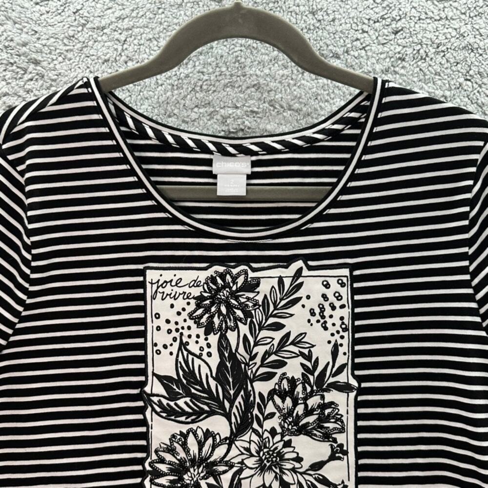 Chico's Size 2 Top Black White Striped Embroidered Floral Design Joie De Vivre - Picture 9 of 10